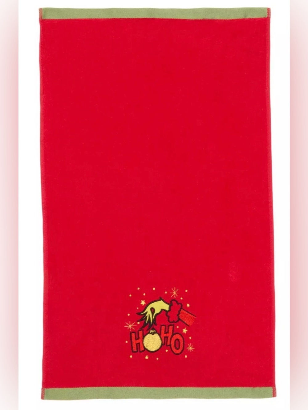 The grinch Red Holiday Kitchen Towel with Green Trim - Festive Ho Ho Design